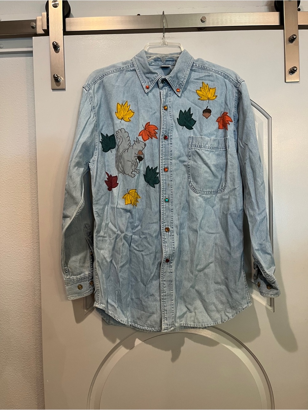 Vintage Light Wash Denim Shirt with Autumn Leaf & Squirrel Art. So cute!